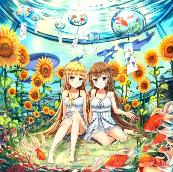 Anime picture 1864x1858 with original sakura ani long hair looking at viewer highres blue eyes brown hair multiple girls barefoot bare legs girl dress flower (flowers) 2 girls animal sundress fish (fishes) sunflower wind chime