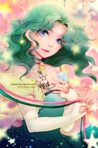 Anime picture 540x810 with bishoujo senshi sailor moon toei animation kaiou michiru zelda c. wang single long hair tall image looking at viewer blue eyes holding signed upper body head tilt green hair light smile lips aqua hair sparkle depth of field lipstick