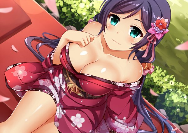 Anime picture 1060x750 with love live! school idol project sunrise (studio) love live! toujou nozomi mmrailgun single long hair blush breasts light erotic smile large breasts bare shoulders purple hair traditional clothes japanese clothes hair flower aqua eyes from above hair bell