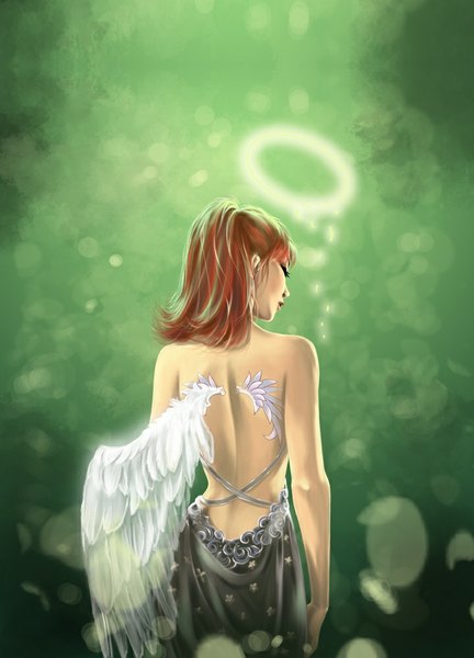 Anime picture 720x1000 with original juliette syrkell single long hair tall image simple background brown hair bare shoulders from behind tattoo sleeveless back angel wings green background angel girl dress wings halo