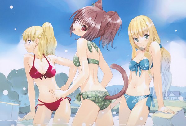 Anime picture 6976x4748 with ueda ryou highres multiple girls animal ears tail cat girl girl swimsuit bikini 3 girls red bikini polka dot bikini floral print bikini