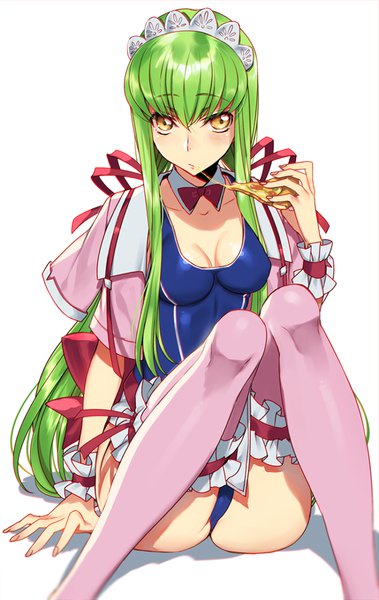 Anime picture 600x949 with code geass sunrise (studio) c.c. creayus single long hair tall image looking at viewer blush fringe breasts light erotic simple background hair between eyes white background sitting holding yellow eyes bent knee (knees) ass