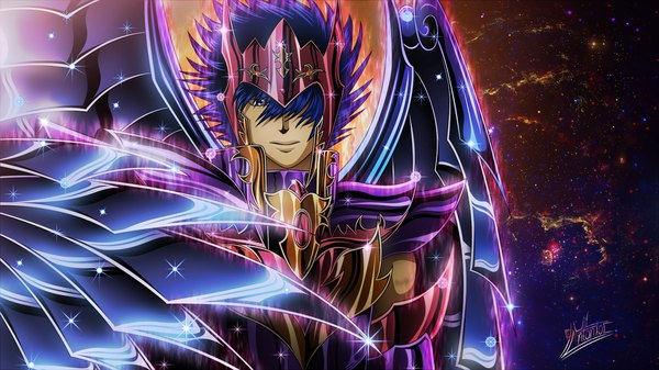 Anime picture 1920x1080 with saint seiya saint seiya: the lost canvas toei animation kagaho antonio single looking at viewer fringe highres short hair wide image purple eyes signed blue hair hair over one eye sparkle wallpaper space spiked hair mechanical wings