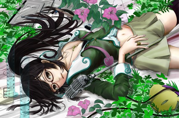 Anime picture 2474x1639 with star driver nichi keito sputnik films single long hair highres black hair brown eyes ponytail lying girl skirt navel plant (plants) miniskirt glasses jewelry ring mask microphone