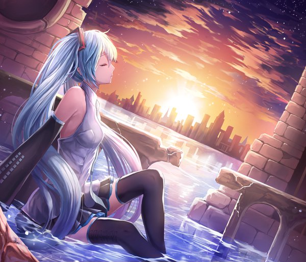 Anime picture 1400x1200 with vocaloid hatsune miku lunacle single fringe breasts sitting twintails blue hair sky cloud (clouds) bent knee (knees) eyes closed very long hair profile sunlight arm support dutch angle zettai ryouiki partially submerged