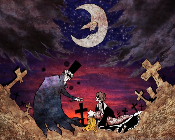 Anime picture 1280x1024 with d.gray-man millennium earl dark background girl moon