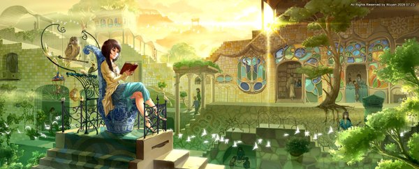 Anime picture 2995x1216 with original mugon highres brown hair wide image city evening sunset cityscape scenic panorama plant (plants) animal tree (trees) bird (birds) book (books) owl