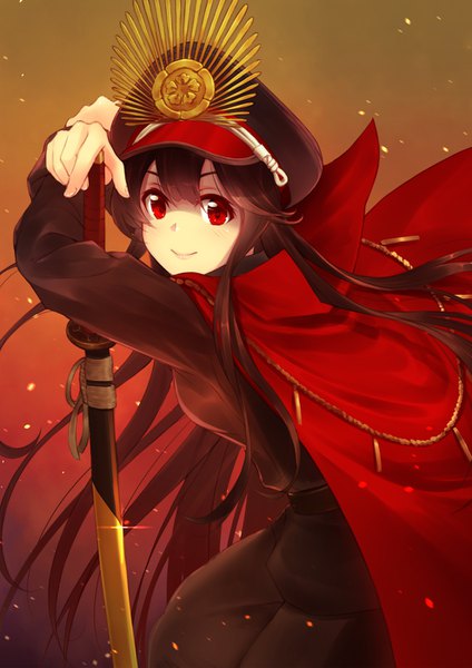 Anime picture 990x1400 with fate (series) fate/grand order oda nobunaga (fate) (all) oda nobunaga (fate) cowengium single long hair tall image looking at viewer fringe black hair simple background smile hair between eyes red eyes standing upper body leaning gradient background shaded face