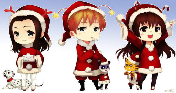 Anime picture 1587x836 with original eventh7 long hair blush short hair open mouth blonde hair smile red eyes brown hair wide image white background multiple girls green eyes fur trim gradient background victory christmas crossed arms chibi