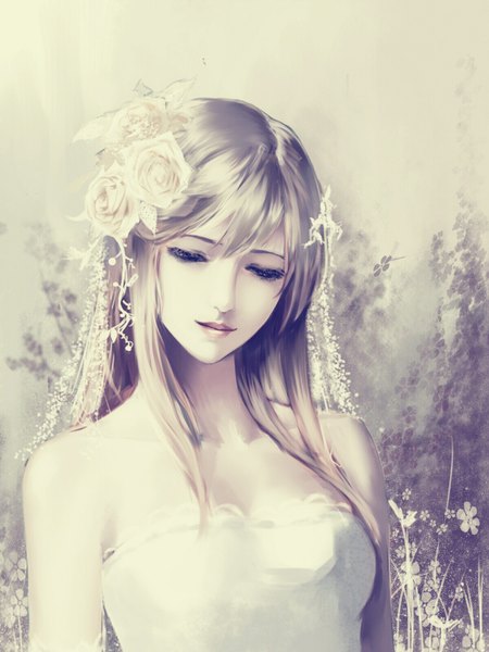 Anime picture 1200x1600 with original red flowers single long hair tall image bare shoulders silver hair hair flower black eyes realistic girl dress hair ornament flower (flowers)