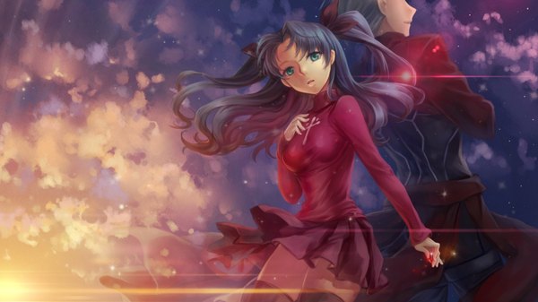 Anime picture 1920x1080 with fate (series) fate/stay night type-moon toosaka rin archer (fate) 6bi long hair looking at viewer highres short hair open mouth blue eyes black hair wide image cloud (clouds) white hair girl thighhighs boy skirt