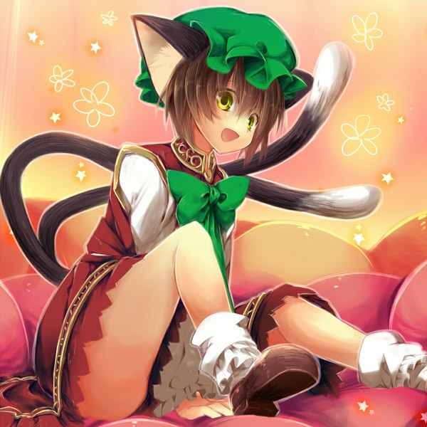 Anime picture 1000x1000 with touhou chen fuepo single short hair open mouth brown hair animal ears yellow eyes cat ears cat girl cat tail multiple tails girl dress bowtie