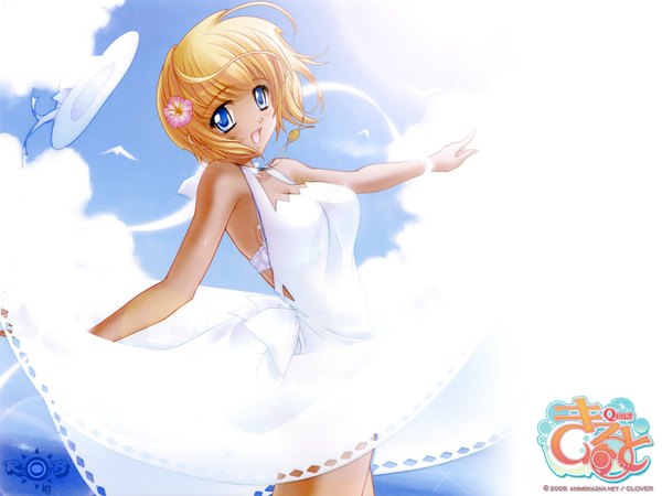 Anime picture 1600x1200 with quilt (game) mizuki sugiyama genshou single looking at viewer short hair open mouth blue eyes blonde hair standing bare shoulders payot sky cloud (clouds) hair flower sunlight happy girl dress flower (flowers)