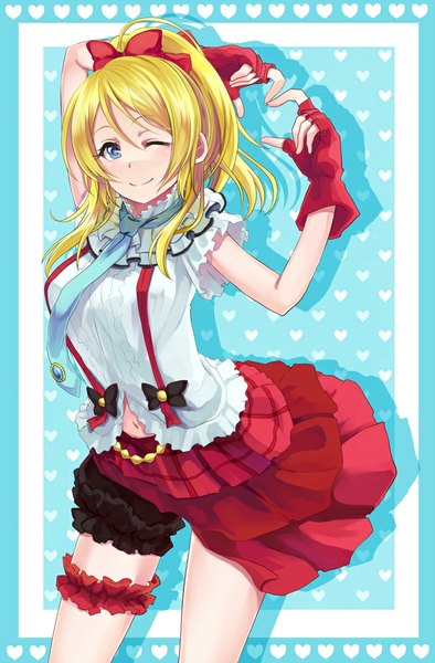 Anime picture 700x1064 with love live! school idol project sunrise (studio) love live! ayase eli marblewars single long hair tall image blush blue eyes blonde hair smile ponytail one eye closed wink girl dress gloves bow hair bow