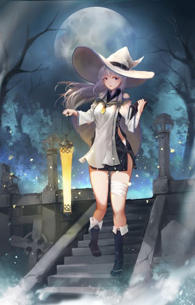 Anime picture 3378x5280 with original crystalherb single long hair tall image blush fringe highres open mouth blue eyes hair between eyes bare shoulders holding absurdres silver hair cloud (clouds) full body outdoors wind night