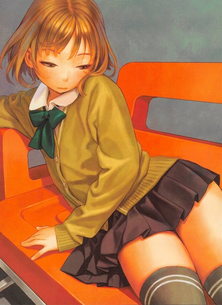 Anime picture 1423x1951 with futuregraph range murata single tall image fringe short hair brown hair brown eyes pleated skirt scan loli zettai ryouiki on side girl thighhighs skirt uniform bow black thighhighs school uniform