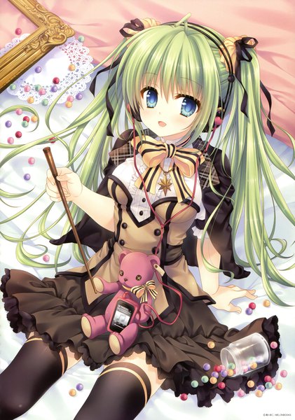 Anime picture 2665x3800 with melonbooks melon-chan tatekawa mako single tall image looking at viewer blush highres open mouth blue eyes twintails very long hair green hair scan official art girl thighhighs dress bow ribbon (ribbons)