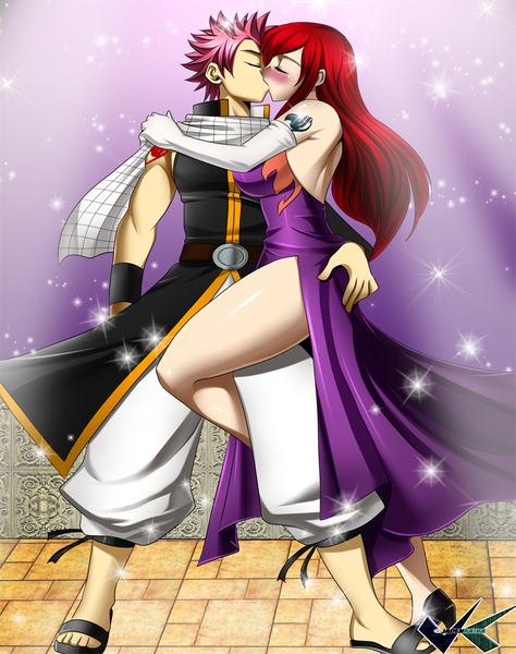 Anime picture 790x1000 with fairy tail erza scarlet natsu dragneel jadenkaiba long hair tall image blush fringe short hair breasts light erotic large breasts bare shoulders pink hair red hair eyes closed profile tattoo legs couple