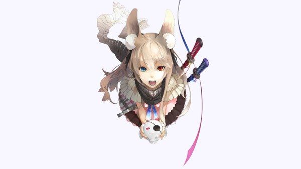 Anime picture 1500x844 with original nil (artist) single long hair open mouth blonde hair wide image white background animal ears heterochromia third-party edit extended girl animal sword scarf katana eyepatch