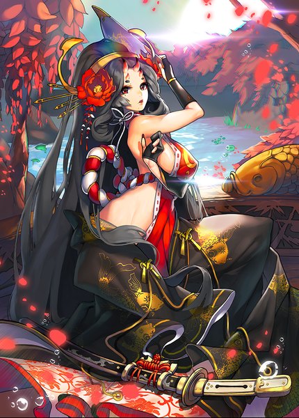 Anime picture 716x1000 with original yamijam single tall image looking at viewer breasts light erotic black hair red eyes large breasts very long hair horn (horns) mole mole under eye mole under mouth girl weapon sword katana