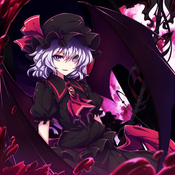Anime picture 2000x2000 with touhou remilia scarlet ugume single looking at viewer fringe highres short hair holding purple hair bat wings multicolored eyes vampire red moon alternate color girl dress weapon wings black dress