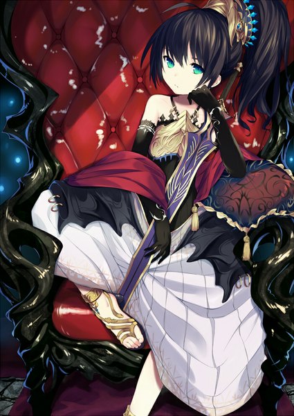 Anime picture 700x989 with original niranome single long hair tall image looking at viewer fringe black hair sitting bare shoulders green eyes payot ahoge bent knee (knees) ponytail aqua eyes arm support hug dark background halterneck