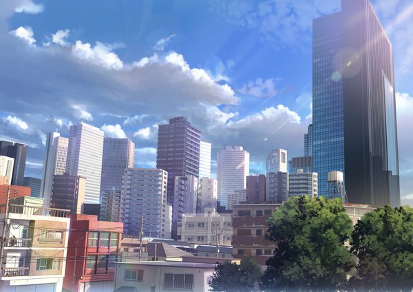 Anime picture 2000x1414 with original domo1220 highres sky cloud (clouds) lens flare city cityscape no people plant (plants) tree (trees) building (buildings) power lines skyscraper roof telephone pole