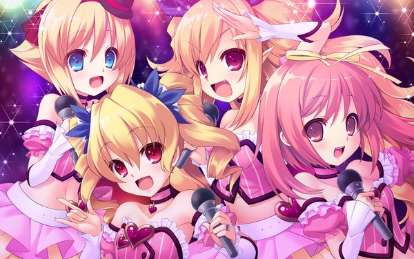Anime picture 1920x1200 with prismatic princess union stars long hair highres short hair open mouth blue eyes blonde hair red eyes brown hair wide image twintails multiple girls brown eyes game cg teeth loli fang (fangs) girl dress hair ornament