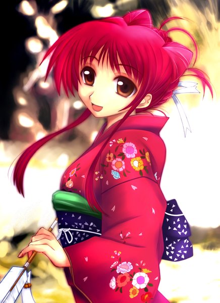 Anime picture 1455x2000 with to heart 2 leaf (studio) kousaka tamaki sugi (shoufusha) single tall image open mouth brown eyes red hair japanese clothes girl belt kimono