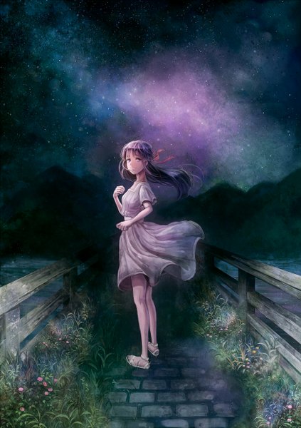Anime picture 1748x2480 with original sarami single long hair tall image highres smile standing purple eyes looking away sky purple hair wind night happy mountain girl dress flower (flowers) ribbon (ribbons)