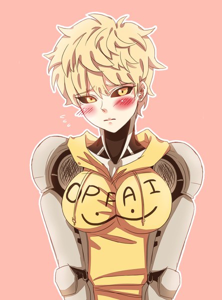 Anime picture 811x1094 with one-punch man madhouse genos reua yim single tall image blush fringe short hair breasts light erotic blonde hair simple background hair between eyes large breasts yellow eyes head tilt embarrassed genderswap girl