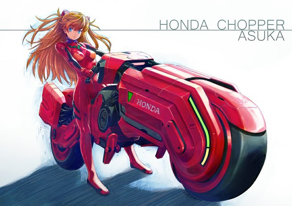 Anime picture 1129x800 with neon genesis evangelion gainax soryu asuka langley boyaking(sbf) single long hair looking at viewer blue eyes simple background white background orange hair inscription shadow girl bodysuit pilot suit motorcycle