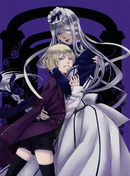 Anime picture 1631x2208 with kuroshitsuji a-1 pictures alois trancy hannah anafeloz long hair tall image short hair blue eyes blonde hair silver hair scan maid bandage over one eye girl thighhighs boy black thighhighs shorts boots