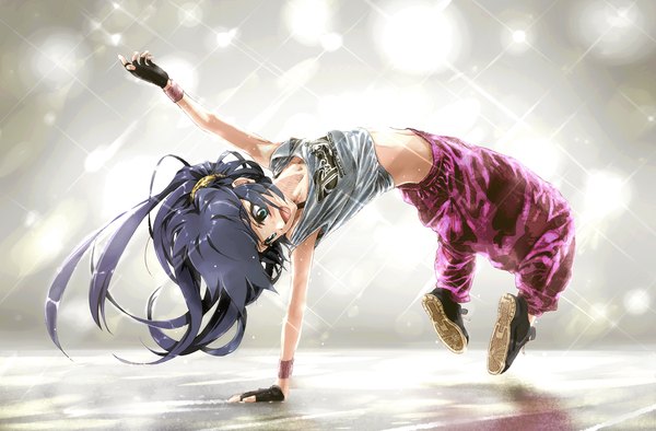 Anime picture 1305x859 with idolmaster ganaha hibiki haru (primavera) single long hair blush open mouth blue eyes bare shoulders purple hair ponytail bare belly outstretched arm light happy jumping handstand girl gloves fingerless gloves