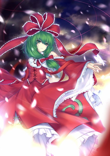Anime picture 1500x2122 with touhou kagiyama hina scarlethy (artist) single long hair tall image standing bare shoulders green eyes green hair girl dress skirt hair ornament bow hair bow detached sleeves petals insect butterfly
