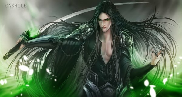 Anime picture 1280x684 with original sarah-valsheim (cashile) single long hair looking at viewer black hair wide image green eyes signed muscle boy weapon petals sword armor