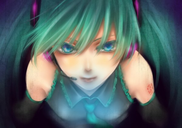 Anime picture 1412x1000 with vocaloid hatsune miku kyouko (roughplus) single long hair blue eyes twintails bare shoulders green hair realistic tattoo tears face girl detached sleeves necktie headphones microphone