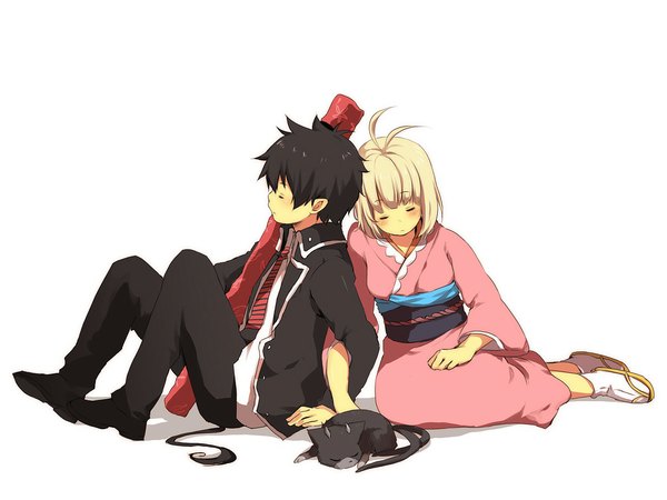 Anime picture 1024x768 with ao no exorcist a-1 pictures okumura rin moriyama shiemi kuro (ao no exorcist) short hair black hair blonde hair white background eyes closed japanese clothes horn (horns) pointy ears girl boy necktie belt kimono cat