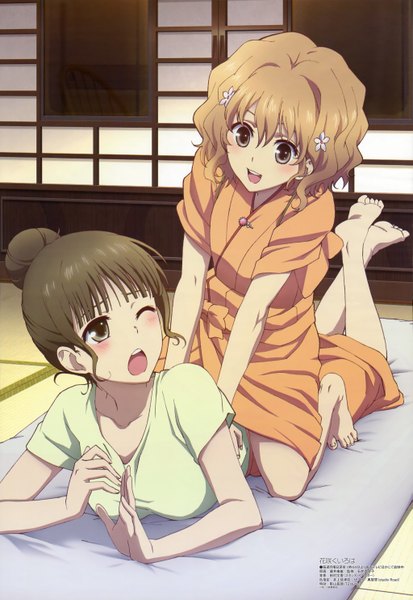 Anime picture 4090x5935 with hanasaku iroha megami magazine p.a. works matsumae ohana oshimizu nako tall image blush highres short hair open mouth brown hair sitting multiple girls brown eyes absurdres lying traditional clothes one eye closed barefoot wink