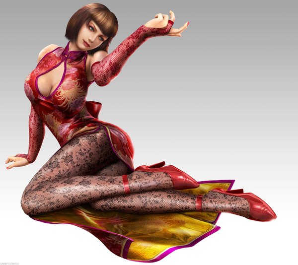 Anime picture 4000x3565 with tekken namco (studio) anna williams tagme (artist) single highres short hair breasts blue eyes light erotic brown hair large breasts absurdres cleavage nail polish traditional clothes realistic high heels lipstick gradient background