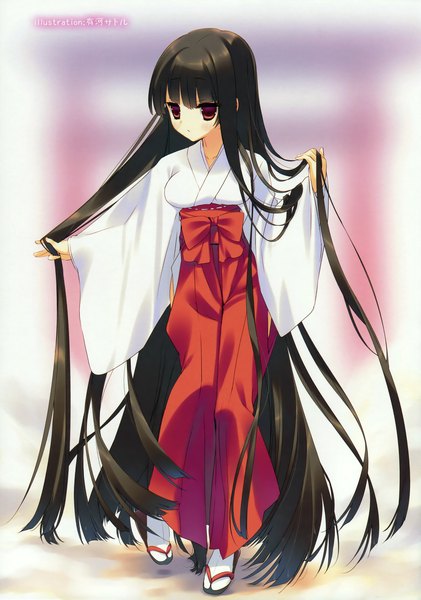 Anime picture 2245x3200 with arikawa satoru single tall image blush highres black hair red eyes very long hair traditional clothes scan miko girl