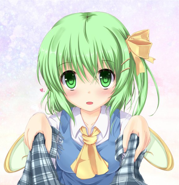 Anime picture 1200x1245 with touhou daiyousei fujieda uzuki single tall image looking at viewer blush short hair open mouth green eyes green hair one side up girl hair ornament ribbon (ribbons) hair ribbon wings hairclip scarf