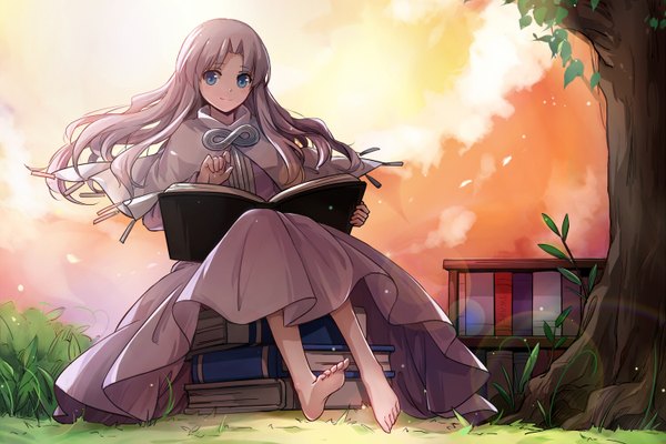 Anime picture 1500x1000 with .hack// aura (.hack//) sindre (artist) single long hair looking at viewer blue eyes sitting white hair barefoot light smile girl dress plant (plants) tree (trees) book (books) grass toes