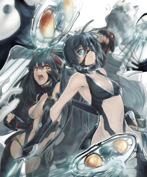 Anime picture 1747x2097 with original ayaki (artist) long hair tall image highres breasts open mouth light erotic black hair multiple girls aqua eyes midriff orange eyes covered nipples battle screaming science fiction girl gloves navel