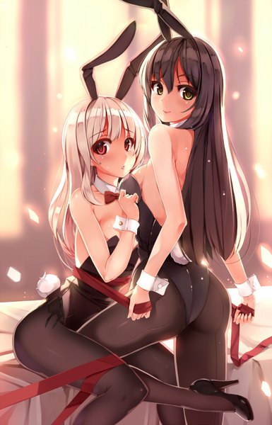 Anime picture 1028x1600 with original yumemi (kiowa) long hair tall image blush breasts light erotic black hair red eyes multiple girls animal ears yellow eyes white hair bunny ears girl ribbon (ribbons) 2 girls pantyhose black pantyhose bunnysuit