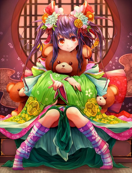 Anime picture 1300x1700 with original teko single long hair tall image looking at viewer blush smile red eyes sitting twintails blue hair hair flower girl dress hair ornament flower (flowers) socks toy stuffed animal