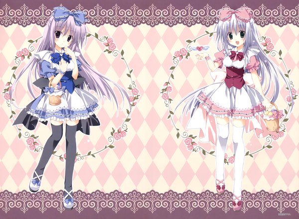 Anime picture 4747x3484 with alice or alice airi (alice or alice) rise (alice or alice) korie riko long hair looking at viewer highres purple eyes multiple girls green eyes absurdres purple hair white hair scan zettai ryouiki girl thighhighs dress flower (flowers) bow