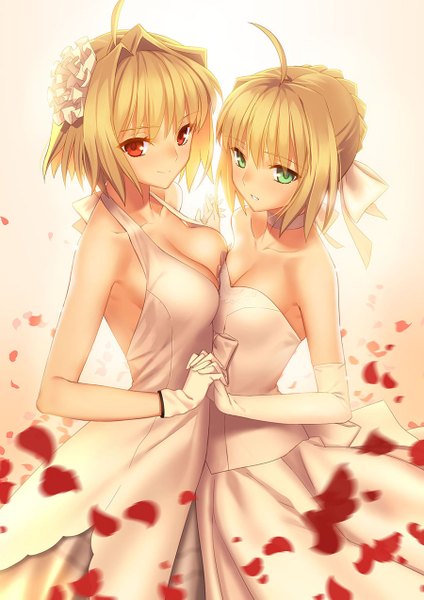 Anime picture 900x1273 with fate (series) fate/stay night shingetsutan tsukihime type-moon artoria pendragon (all) saber arcueid brunestud yangsion tall image short hair blonde hair red eyes white background bare shoulders multiple girls green eyes girl dress gloves 2 girls