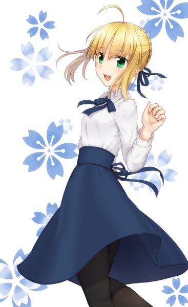 Anime picture 532x868 with fate (series) fate/stay night artoria pendragon (all) saber zeroasann single long hair tall image blush fringe open mouth blonde hair white background green eyes payot looking away ahoge girl dress skirt