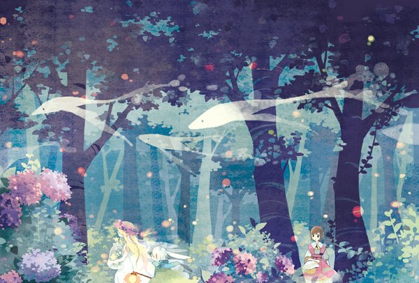 Anime picture 1086x736 with original kyang692 blonde hair multiple girls bunny ears ghost girl dress flower (flowers) petals tree (trees) 3 girls forest